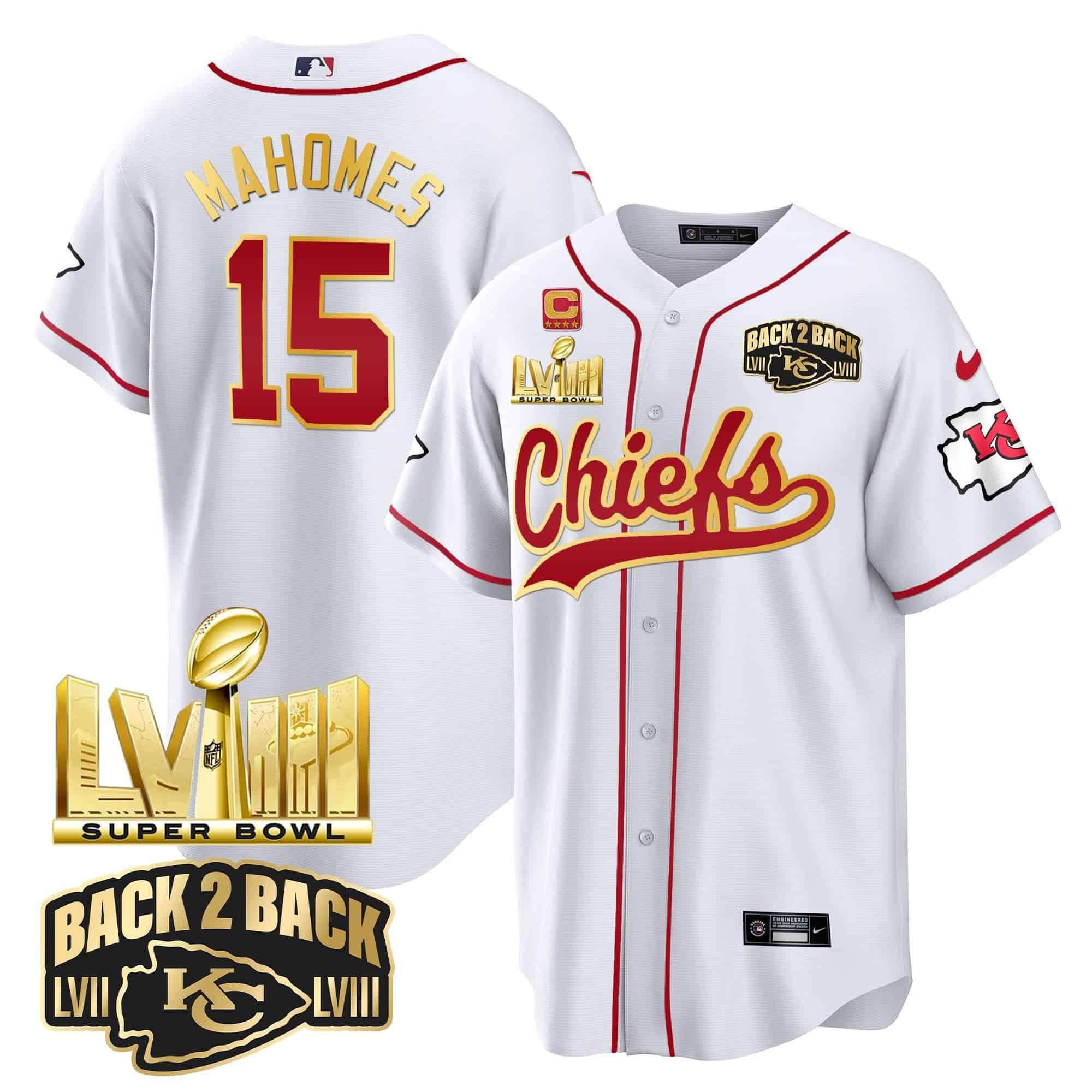 Men Kansas City Chiefs #15 Mahomes White 2024 Nike Super Bowl LVIII Back-2-Back Gold Patch Baseball NFL Jersey